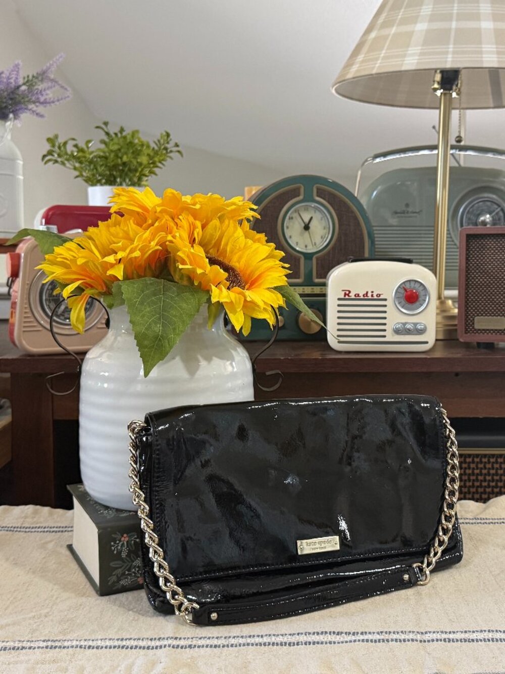 Kate Spade New York Black Patent Leather Chain Shoulder Bag | Polka Dot Lining |